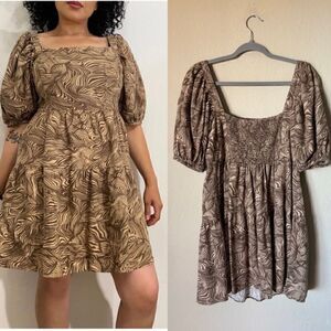 House of Harlow Mini Brown Dress Print Linen Puff Sleeve  Babydoll Size S